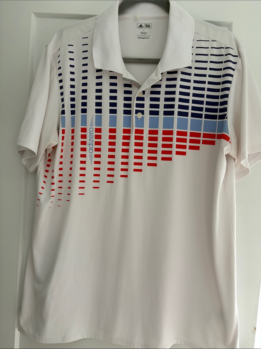 adidas Men’s Golf White Polo with Blue and Red Graphic Blocks